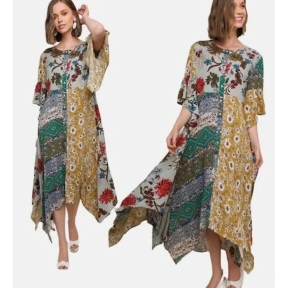 UMGEE | Floral Patchwork Button Front Handkerchief Midi Dress Boho Size Small - Picture 16 of 16